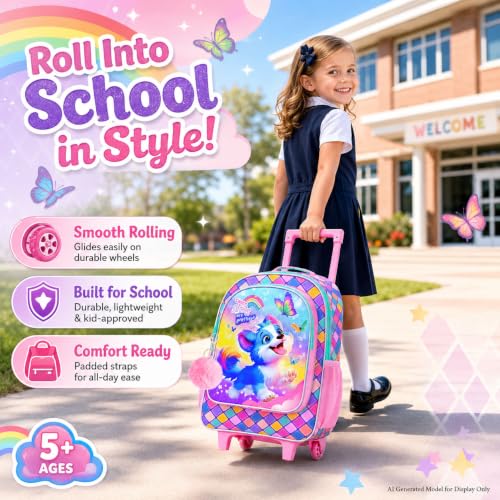 KLFVB Girls Bookbag with Wheels, 3PCS Kids Roller Backpack with Lunch Bag, Wheeled School Bag for Children - Dog - color: Upgraded UV Printing Dog Pink Rolling Backpack