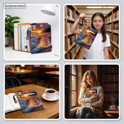 Padded Book Sleeve with Zipper & Front Pocket, Fabric Book Cover | Golden Sunset Beach Waves11.4"x8.7" Washable Canvas Pouch for Hardcovers, Tablets & Reading Accessories - color: Golden Sunset Beach Waves
