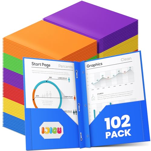 IJIGU 102 Packs 2 Pocket Folders with 3 Prongs Fastener Clasps, Bulk Heavy Duty Plastic Folders, Multicolor Files Folders in 6 Colors for School and Office