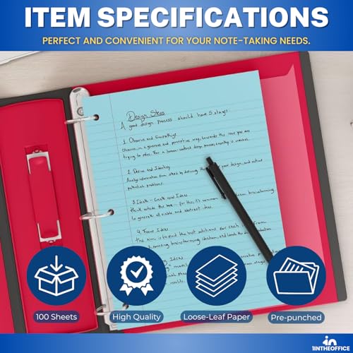 1InTheOffice 5.5 x 8.5 Paper, Pastel, College Ruled Mini Binder Paper, Loose Leaf Paper, Assorted Color, 100 Pack
