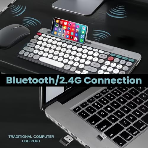 Wireless Keyboard and Mouse Combo with Phone Tablet Holder, Rechargeable Dual-Mode (Bluetooth 5.0 and 3.0 +2.4G) Multi-Device Silent Mouse for Windows, iPad, Tablet, MacOS,iOS,Android (White+Grey) - color: White+Grey