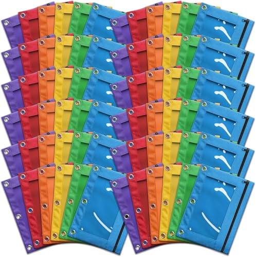 Jumlys 72 Packs Pencil Pouch for 3 Ring Binder, Bulk 3-Holes Zipper Pencil Pouches in Assorted Colors, Sturdy and Durable Cloth Pencil Case with Clear Window for Office School College Supplies