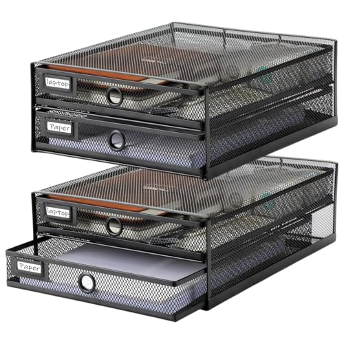 Zhanmai 2 Pack Black Desk Organizer with Drawer Total Wire Mesh Storage Tray Multifunctional Paper Sorter File Stand for Home Office Supplies Letter A4 Paper Office Accessories Back to School (2 Tier)