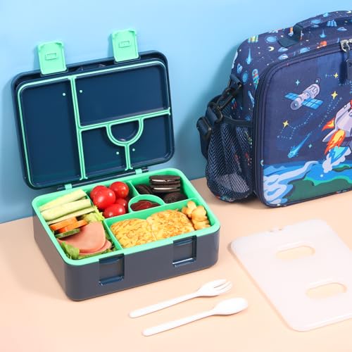 rockpapa Chill Bento Box for Kids- Large 5.5 Cups Lunch Box with Ice Pack - 5 Compartments, BPA-Free, Leak Proof, with Utensils & Portable Handle, Microwave/Dishwasher Safe (Blue Rocket) - color: Blue Rocket