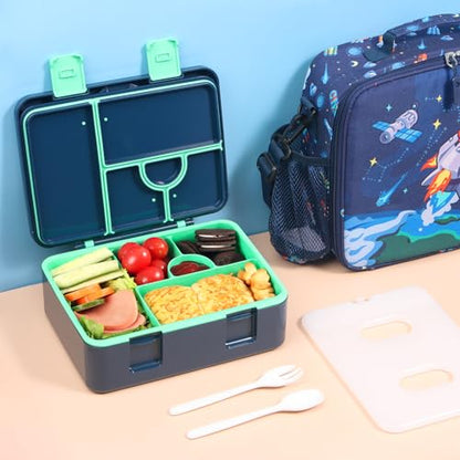 rockpapa Chill Bento Box for Kids- Large 5.5 Cups Lunch Box with Ice Pack - 5 Compartments, BPA-Free, Leak Proof, with Utensils & Portable Handle, Microwave/Dishwasher Safe (Blue Rocket) - color: Blue Rocket