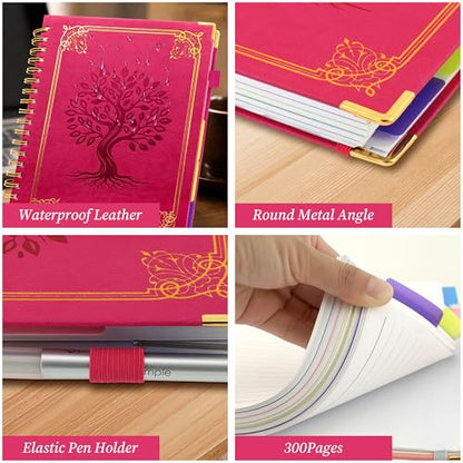 Hardcover Spiral Notebook Journal with Removable Dividers Tabs, 5 Subject Notebooks for Work School, 300 pages 8"x10" B5 leather Journal College Ruled, Cute Journal for women, Rose - color: Rose