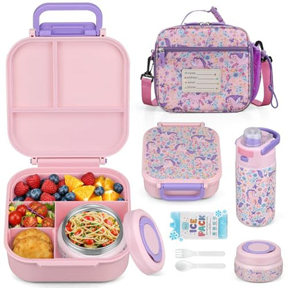 Itslife Bento Box for Kids Set, Insulated Food Container,Kids Lunch Box, 7 oz Thermos for Hot Food, 12 oz Thermos Water Bottle, Reusable Insulated Ice Bag & Fork Spoon Utensils Camping Travel Pink - color: Pink-DJ