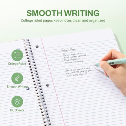 SUNEE Spiral Notebook, 1-Subject, College Ruled Paper, 8" x 10-1/2", 100 Sheets per Notebook, 3-Hole Punched Paper, Water Resistant Cover, Double-sided Pockets, Spiral Lined Notebooks for Work, Green - color: Green