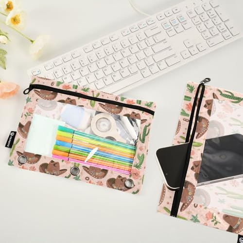 Binder Pencil Pouches Cowboy Hat and Cactus Pen Case | Clear Window 3 Rings, Cosmetic Bags School Office Supplies Cosmetic Makeup Bag 2 Psc - color: Cowboy Hat and Cactus