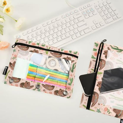 Binder Pencil Pouches Cowboy Hat and Cactus Pen Case | Clear Window 3 Rings, Cosmetic Bags School Office Supplies Cosmetic Makeup Bag 2 Psc - color: Cowboy Hat and Cactus