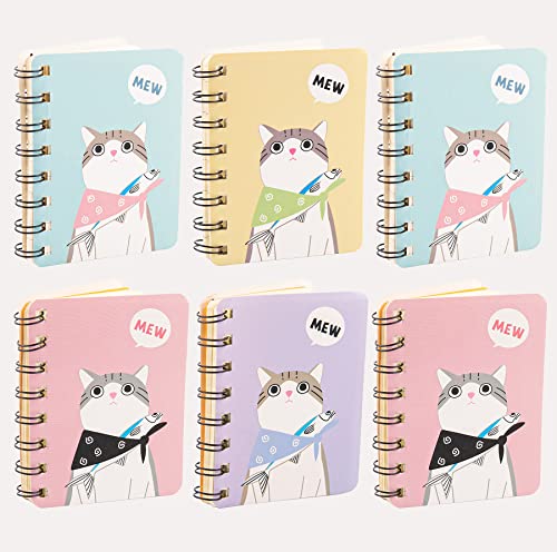 AUEAR, 6 Pack Cute Cat Mini Notebook Cover Wire bound Memo Book 3.1 x 4.1inch Spiral Top Books for School Supplies Office (80 Sheets -160 Pages)