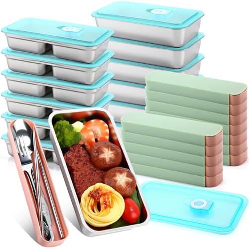 Vesici 12 Pack Stainless Steel Bento Boxes with Tableware Set 30 oz 2 and 1 Compartments Snack Box Containers with Leakproof Lids, Divided Meal Prep Lunch Box Food Container Dishwasher Safe - style: 1 and 2 Compartments