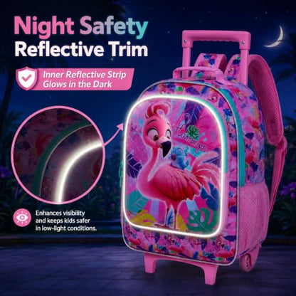 gxtvo Girls Rolling Backpack, Cute Flamingo Roller Wheels Kids Bookbag - Wheeled Elementary School Bag - 3PCS Flamingo - color: Uv Printing Flamingo Pink Rolling Backpack