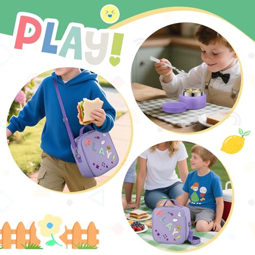 Kids Bento Box - 4 Compartment, Leak-Proof, with Soup Thermo | 9oz Soup Thermo Included, Insulated Lunch Bag, For Boys & Girls, School & Travel - color: Play-Purple