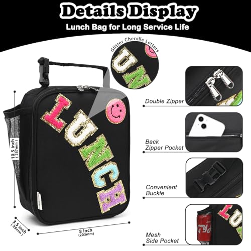 FlowFly Lunch box Insulated Soft Bag Mini Cooler Back to School Thermal Meal Tote Kit With Buckle and Mesh Side Pocket for Girls, Boys, BlackWithLetter - color: BlackWithLetter
