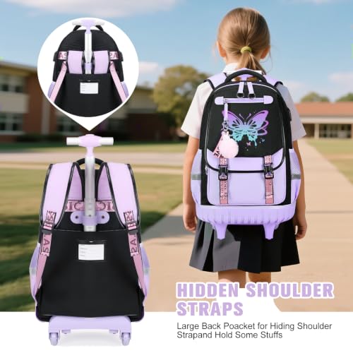 Bevalsa Rolling Backpack for Girls, 3PCS Roller School Backpack Set | with Lunch Box & Pencil Case, Kids Bookbag with Wheels for Teen Girls Elementary Middle High School Students - color: Purple Butterfly