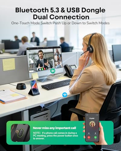 Wireless Headset with Mic for Work, Wireless Headphones with Mic Single Ear Work Headset with Charge Stand for Remote & Office, Bluetooth 5.3 & USB 2.4G Dongle for Teams Clear Call & Online Meeting