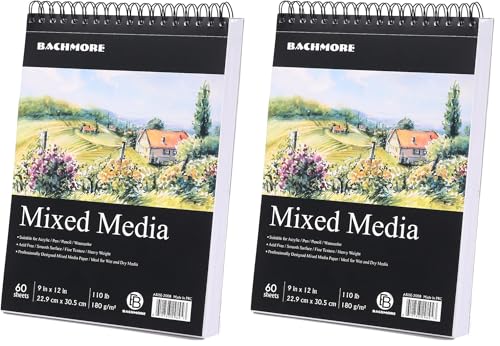 Bachmore Drawing Pad 9X12 Inch (110lb/180g), 60 Sheets, Top Spiral Bound Multi-Media for Artist Pro & Amateurs | Acrylic Art, Ink, Paint, Oil Pastels,Watercolor Mixed Media Sketch (Pack of 2) - size: 9-x-12-Inch (Pack of 2)