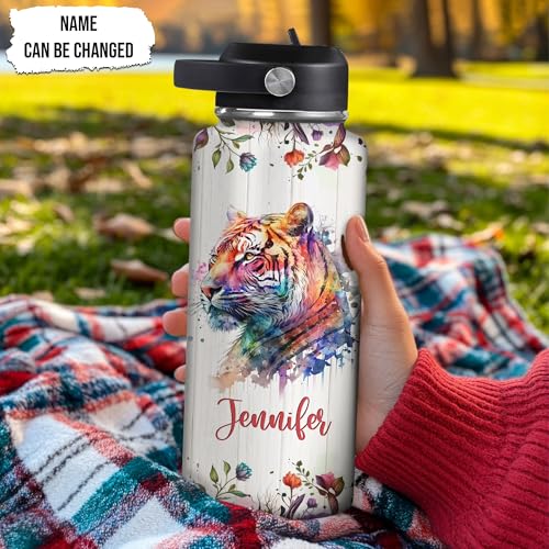 Hyturtle Personalized Tiger Water Bottle - Insulated Stainless Steel Bottle with Leak-Proof Lid 18oz 32oz - Floral Gift for Women, Girls, Tiger Lovers, Animal Lovers - Birthday & Christmas Gift - color: Tiger