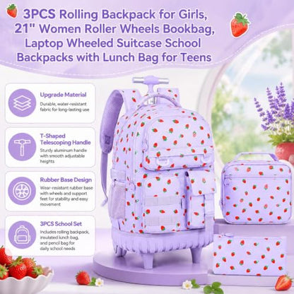 CCJPX 3Pcs Rolling Backpack for Girls, Roller Wheeled School Bookbag, Strawberryra Wheels Backpacks with Lunch Box for Kids (Purple) - color: Strawberry Purple