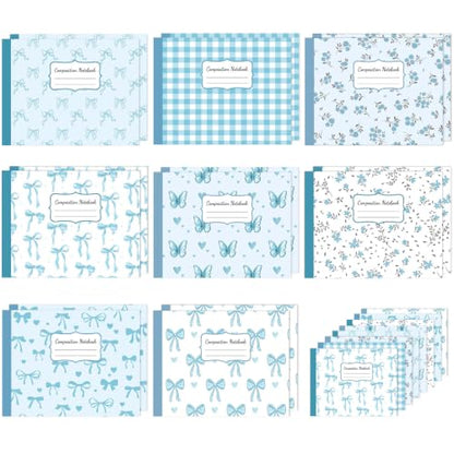 16 Pack Mini Composition Notebooks Bulk College Ruled 7.4'' x 4.7'' Blue Bow Half Size Composition Books 80 Pages Small Pocket Journal Books Back to School Gift for Student Teacher Office Supplies - color: Blue Bow