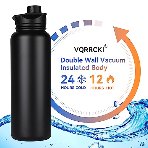 40 oz Insulated Water Bottle with Straw, Stainless Steel Sports Water Bottles with 2 Lids (Straw and Wide Mouth lid), Double Wall Vacuum, Leakproof, BPA-Free, Black - color: Black, size: 40 Ounces