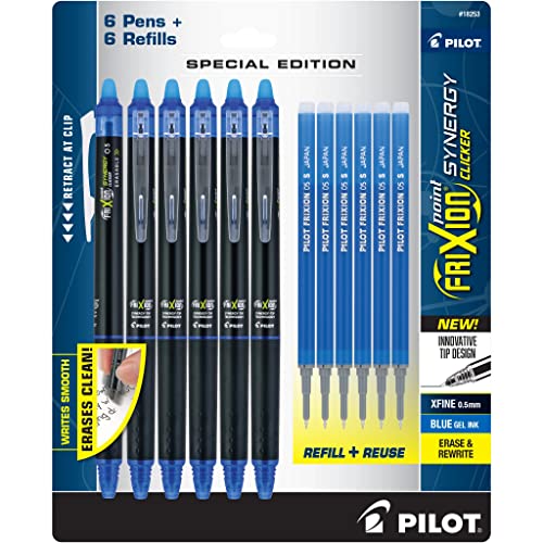 Pilot FriXion Synergy Clicker Erasable, Refillable, Retractable Gel Ink Pens, Extra Fine Point 0.5 mm, Pack of 12, Blue, FriXion Erasable Pens 0.5 - Ideal for School & Office Writing - color: Blue