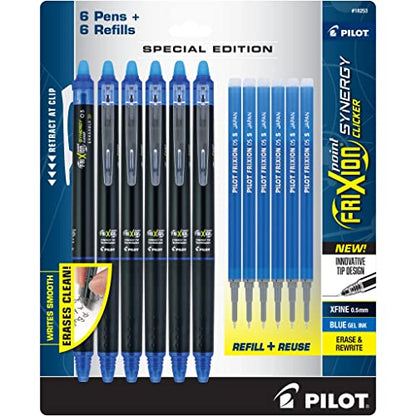 Pilot FriXion Synergy Clicker Erasable, Refillable, Retractable Gel Ink Pens, Extra Fine Point 0.5 mm, Pack of 12, Blue, FriXion Erasable Pens 0.5 - Ideal for School & Office Writing - color: Blue