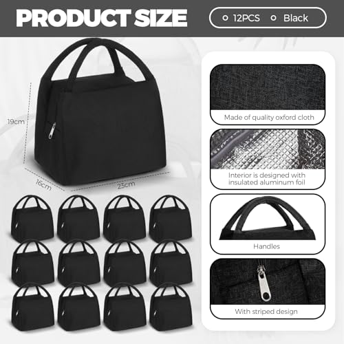 Chunful 12 Pcs Lunch Bags Bulk Reusable Insulated Lunch Box Bags with Aluminum Leakproof Tote for School Students Kids Women Men Children Adult Office Work Employees Travel - color: Black