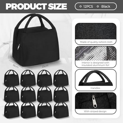 Chunful 12 Pcs Lunch Bags Bulk Reusable Insulated Lunch Box Bags with Aluminum Leakproof Tote for School Students Kids Women Men Children Adult Office Work Employees Travel - color: Black