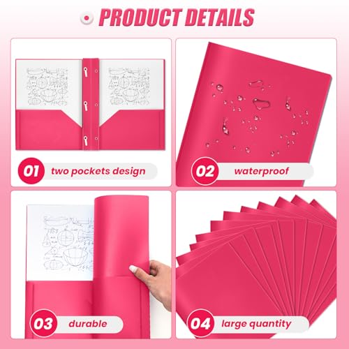 Yeaqee 60 Pcs Plastic Folders with Pockets and Prongs Plastic Folder 2 Pockets 3 Prongs with Business Card Slot Back to School Folders for Students, Teachers, Office Workers (Rose Pink) - color: Rose Pink