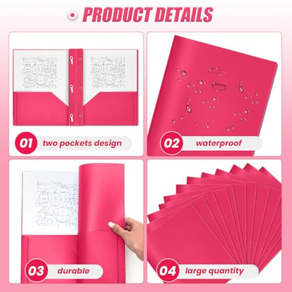 Yeaqee 30 Pcs Plastic Folders with Pockets and Prongs Plastic Folder 2 Pockets 3 Prongs with Card Slot for Office, School for Students, Teachers, Office Workers (Rose Pink) - color: Rose Pink