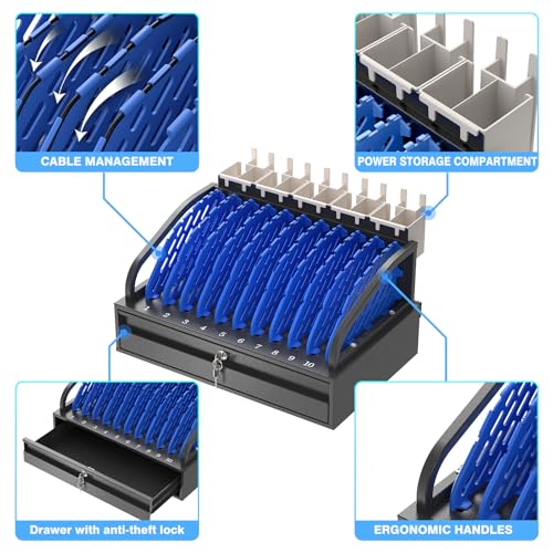 POCHAR 10-Device Open Charging Station for Chromebooks, iPads & Tablets | Heavy-Duty Steel Charging Rack with Lockable Storage Drawer, Multi-Device Charging Organizer for School, Office, Hospital - size: 10 Tablet/Chromebook