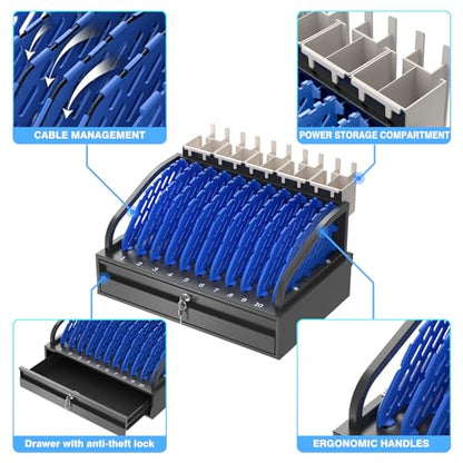 POCHAR 10-Device Open Charging Station for Chromebooks, iPads & Tablets | Heavy-Duty Steel Charging Rack with Lockable Storage Drawer, Multi-Device Charging Organizer for School, Office, Hospital - size: 10 Tablet/Chromebook