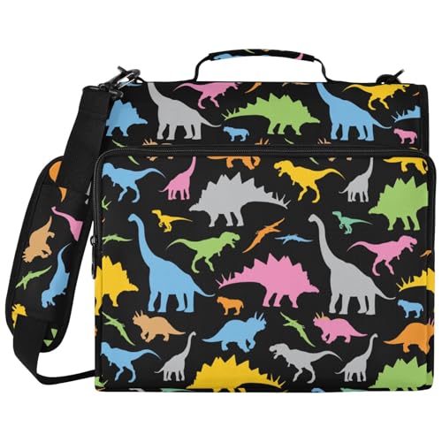 Zipper Binder Dinosaur Animal Pattern Bag with Shoulder Strap 3 Ring Binder Organizer Large Capacity Multiple Pockets for School Office - color: Multicolor Dinosaur