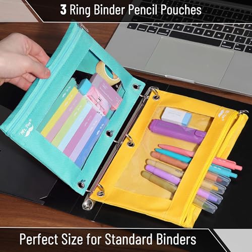 Mr. Pen- Pencil Pouch for 3 Ring Binder, 2 Pack, 10"x6.75", Smooth Zipper | Clear Window, Large Capacity Pencil Case with 3 Reinforced Grommets for School, Office, Supplies Storage | Clear Window, Large Capacity Pencil Case with 3 Reinforced Grommets for