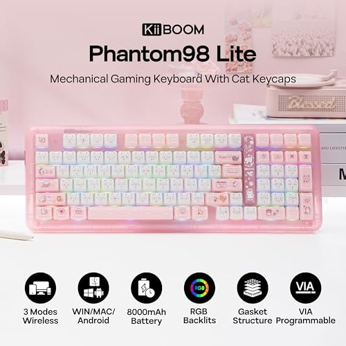 KiiBoom Phantom98 Lite 96% Wireless Mechanical Gaming Keyboard, VIA Programmable, Creamy Keyboard with Gasket, 8000mAh Battery, Hot Swap, RGB Backlits, NKRO for Win/Mac (Pink, Mochi Switch) - color: Pink, size: Mochi Switch