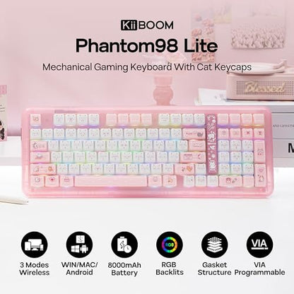 KiiBoom Phantom98 Lite 96% Wireless Mechanical Gaming Keyboard, VIA Programmable, Creamy Keyboard with Gasket, 8000mAh Battery, Hot Swap, RGB Backlits, NKRO for Win/Mac (Pink, Mochi Switch) - color: Pink, size: Mochi Switch