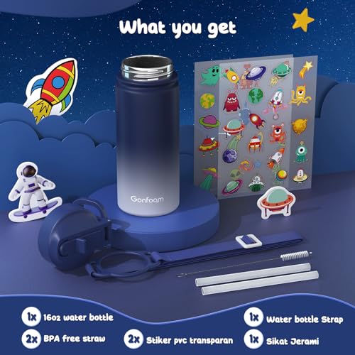 Gonfoam 16oz Kids Water Bottle, Stainless Steel Insulated Cup | DIY Stickers, BPA-free, Leak-proof, Sturdy, Keeps Cold 24h, Easy to Carry, Easy to Clean, Back to School, Gifts - color: Blue and Gray
