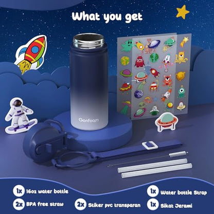 Gonfoam 16oz Kids Water Bottle, Stainless Steel Insulated Cup | DIY Stickers, BPA-free, Leak-proof, Sturdy, Keeps Cold 24h, Easy to Carry, Easy to Clean, Back to School, Gifts - color: Blue and Gray