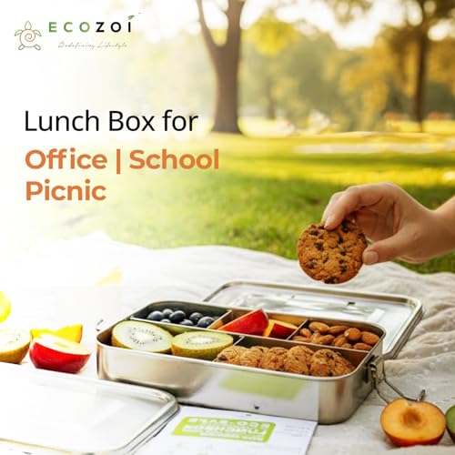 ecozoi 5 Compartment Stainless Steel Bento Lunch Box for Adults & Kids, 50 oz Leakproof Metal Meal Prep Container with Bonus Sauce Cup, BPA Free Eco Friendly, Dishwasher Safe for School, Work, Office - size: 5 Compartment 50 Oz