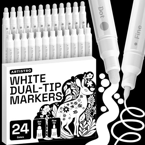 ARTISTRO White Dual-Tip Acrylic Paint Marker Pens - Set of 24 | Dot & Fine Tips for Fabric, Rock, Glass, Wood, & Coloring Books, Arts & Crafts Gift, Classroom Must Haves & School Supplies - style: White