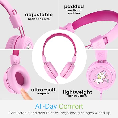 MEE audio KidJamz KJ55 Wired Children’s Headphones with 3.5mm Plug, Colorful Graphics, Volume Limiter & Microphone, Adjustable On-Ear Kids Headset for Online Learning/School/Travel/Tablet (Pink) - color: Pink, style: Standard