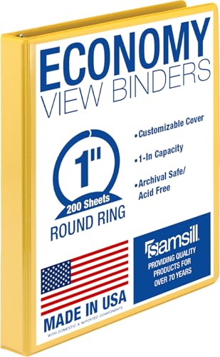 Samsill Economy 3 Ring Presentation View Binder, 1 Inch Round Ring, Yellow – Holds 200Sheets, Customizable Clear View Cover(18531) - color: Yellow, size: 1-Pack, style: 1-Inch