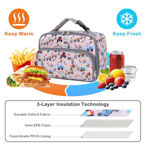 FlowFly Kids Lunch box with buckle Insulated Cooler Back to School Thermal Meal Tote Kit for Girls, Boys, Truck - color: M&Truck