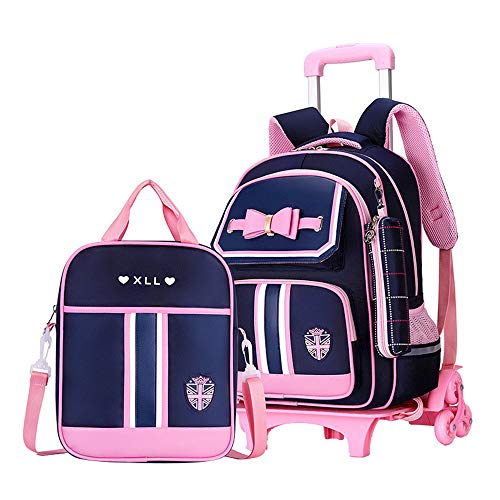 Rolling Backpack for Girls Cute Trolley Bags Primary School Bookbags with Wheels Kids Carry-On Wheeled Backpack with Lunch Bag - color: Girl Dark Blue 6 Wheels, style: 6 Wheels Trolley + Backpack Sets