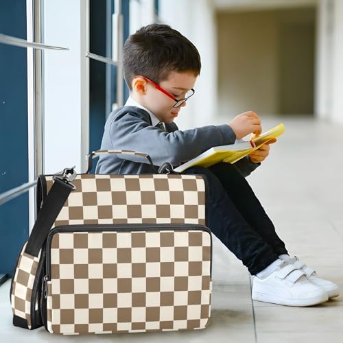 Brown Beige Checkered Zipper Binder 3 Ring 1.5 Inch Binder Organizer Bag 500 Sheets Capacity Multi-Pocket with Shoulder Strap for School Office