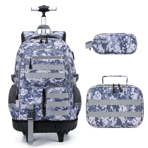 DIGOBAY Camo Rolling Backpack for Boys, 3PCS Tactical Kids Rolling Backpack Set with Lunch Bag & Pencil Case, Boys Wheeled School Bookbag for Elementary, Middle, High School - color: Camouflage Dark Gray