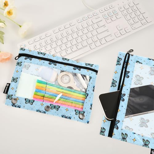 Pencil Pouch for 3 Ring Binder Blue Butterfly Star Clear Window Stationery Bag Pencil Case 2 Pack for Office School Supplies - color: Blue Butterfly