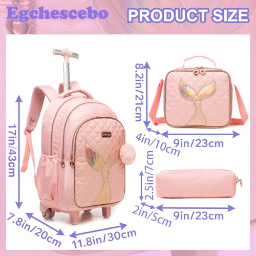 Kids Rolling Backpack for Girls Trolley Suitcases Luggage Travel with Wheels Bookbag Wheeled 17" 3PCS Roller Backpacks Toddler Back Pack School Bags Set for Elementary Mermaids Pink - color: 5225-yuweiba-pink